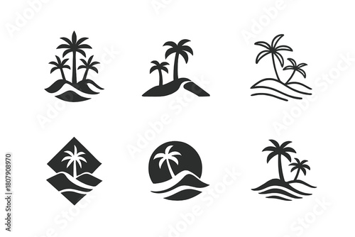 Oasis Logo Variations. Shifting Sands. Icon set. Set Logo of Shifting Sands: oasis palm cluster emerging from dunes. harmonious logo variations of the same