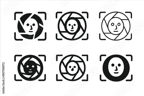 Facial Recognition Logos. Facial recognition. Icon set. Set Logo of facial recognition: camera lens with face aperture motif. harmonious logo variations of the