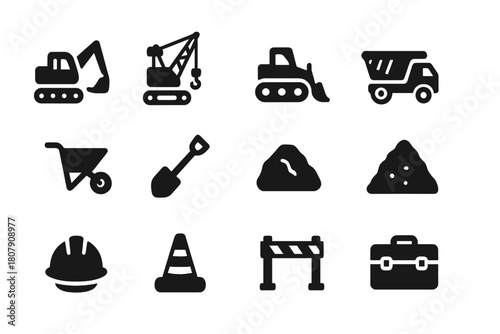 Excavation Machinery Icons. Excavation machinery. Solid icon set of excavation machinery: excavator, crane, bulldozer, dump truck, wheelbarrow, shovel, rock,