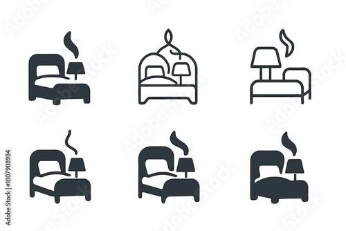 Peaceful Bedroom Logos. A peaceful bedroom with soft, calming colors and scents. Icon set. Set Logo of peaceful bedroom: minimalist nightstand with candle and
