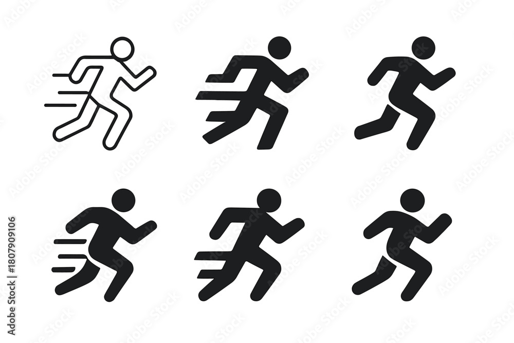 Naklejka premium Dynamic Motion Logos. model in motion. Icon set. Set Logo of model in motion: silhouette with motion trails. harmonious logo variations of the same emblematic