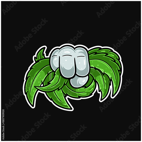 Cartoon logo of a Hand holding a marijuana leaf. Perfect For Sticker, Label, Cover, Packaging, tshirt, business merchandise and Product Design.