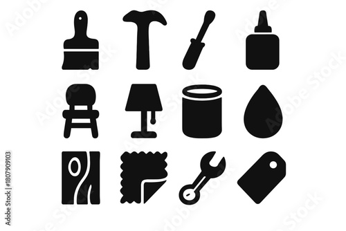Upcycling Tools Icon Set. Upcycling and restoration. Solid icon set of upcycling and restoration: paintbrush, hammer, screwdriver, chair, lamp, can, glue, wood