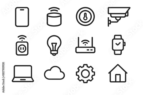 Smart Device Icons. Smart devices and automation. Line icon set of smart devices and automation: smartphone, smart speaker, thermostat, security camera, smart