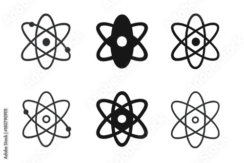 Atomic Structure Icons. Chemical composition. Icon set. Set Logo of Atomic Structure: Electron orbits. Abstract geometric, Filled silhouette, Flat solid,