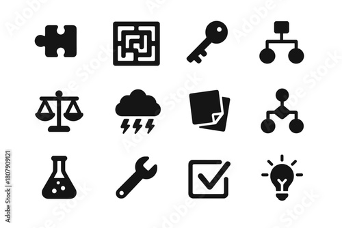 Problem Solving Icons. Problem Solving. Solid icon set of Problem Solving: puzzle piece, maze, key, decision tree, pros cons scale, brainstorm cloud, sticky