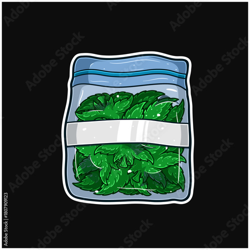 Cartoon Logo of Marijuana leaf logo in product packaging and Blank signs. Perfect For Sticker, Label, Cover, Packaging, tshirt, business merchandise and Product Design