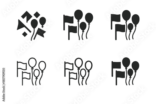Diverse Celebration Icons. Mass celebration. Icon set. Set Logo of mass celebration: parade of flags and balloons in motion. harmonious logo variations of the