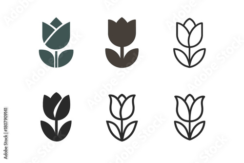 Tulip Logo Variations. Flowers. Icon set. Set Logo of Flowers: Tulip. harmonious logo variations of the same emblematic concept, each with different artistic