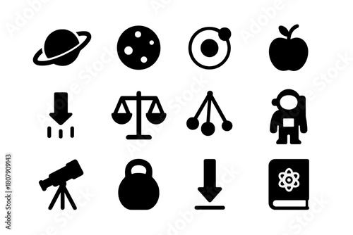Physics Icons Set. Fundamental physics. Solid icon set of Fundamental physics: planet, moon, orbit, apple, falling object, scale, pendulum,