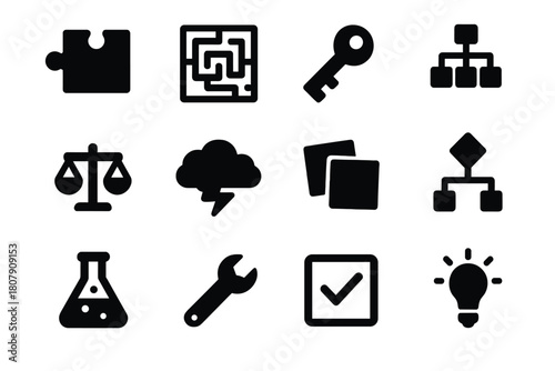 Problem Solving Icons. Problem Solving. Solid icon set of Problem Solving: puzzle piece, maze, key, decision tree, pros cons scale, brainstorm cloud, sticky
