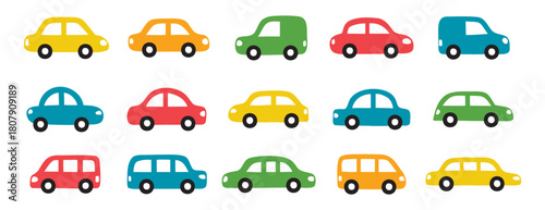 colorful cars set. Cute icons collection hand drawn doodle style for design of children kids room, clothes, fabric