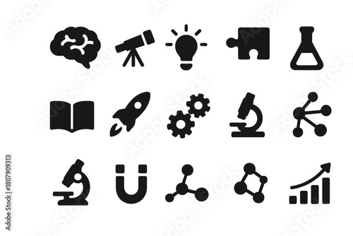Mind Expansion Icons. Mind Expansion. Solid icon set of Mind Expansion: brain, telescope, light bulb, puzzle piece, book, rocket, gears, laboratory flask,