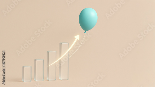 成長するビジネスの象徴｜右肩上がりのグラフと上昇する風船のイメージ/Business Growth Concept with Rising Chart and Floating Balloon｜Success, Progress Generative AI