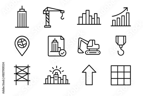 City Skyline Icons. City skylines. Solid icon set of City skylines: tall buildings, tower, dome, bridge, street lights, park, riverbank, apartment block,