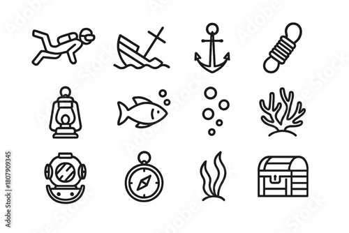Shipwreck Diving Icons. Shipwreck diving. Line icon set of shipwreck diving: diver, shipwreck, anchor, rope, lantern, fish, coral, bubbles, helmet, compass,