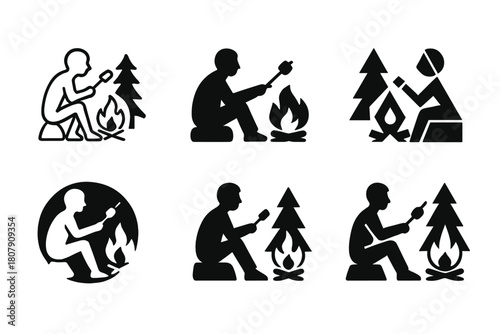 Campfire Logo Variations. A person sitting by a campfire in the woods, roasting marshmallows and telling stories. Icon set. Set Logo of A person sitting by a