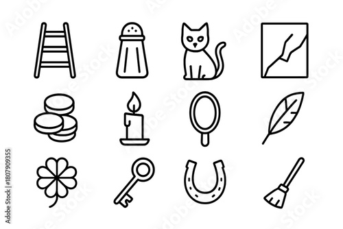 Superstition Icons Set. Everyday superstitions. Line icon set of everyday superstitions: ladder, salt shaker, black cat, broken mirror, coins, candle, mirror,