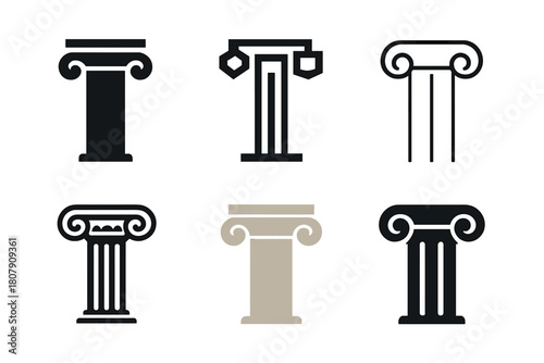 Decorative Column Logos. Slim columns. Icon set. Set Logo of slim columns: decorative capital. harmonious logo variations of the same emblematic concept, each