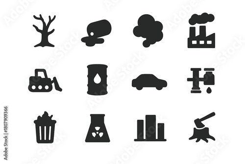 Environmental Crisis Icons. Environmental Crisis. Solid icon set of Environmental Crisis: dead tree, chemical spill, smoke, factory, bulldozer, oil barrel,