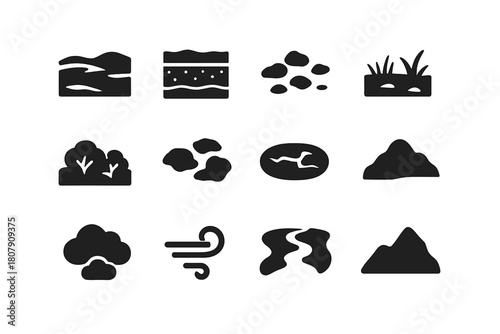 Tundra Icon Set. Tundra Landscape. Solid icon set of Tundra Landscape: snowfield, permafrost layer, rocky ground, sparse grass, low shrubs, ice patches, frozen