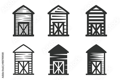 Grain Silo Logos. Grain silo. Icon set. Set Logo of grain silo: vintage wooden silo. harmonious logo variations of the same emblematic concept, each with