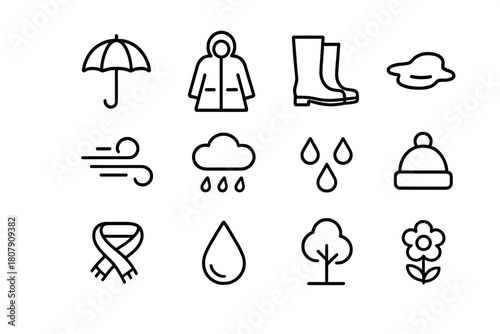 Outdoor Rain Icons. Outdoor rain. Line icon set of Outdoor rain: umbrella, raincoat, boots, puddle, wind, cloud, raindrops, hat, scarf, water droplet, tree,