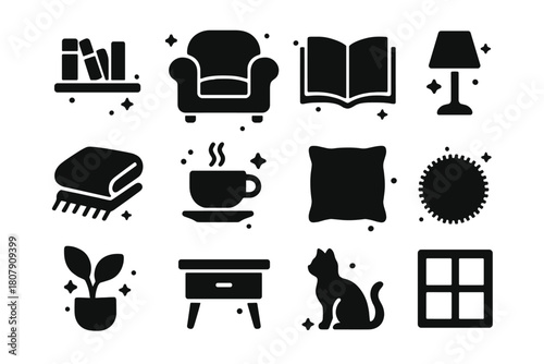 Cozy Reading Icons. Reading Nook. Solid icons set of Reading Nook: armchair, bookshelf, lamp, book, coffee cup, blanket, window, cushion, plant, rug, side