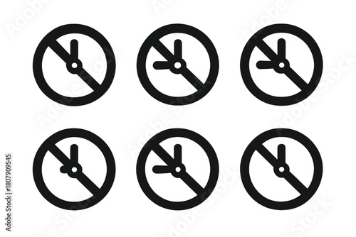 Curfew Icon Set. Restrictions. Icon set. Set Logo of Curfew: Clock with line across. Negative space, Symmetrical form, Flat solid, Minimal outline, Iconic