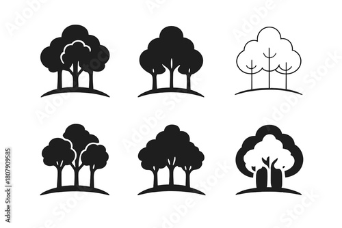 Reforestation Icon Set. Reforestation efforts and tree planting. Icon set. Set Logo of Reforestation efforts and tree planting: Forest canopy. harmonious logo
