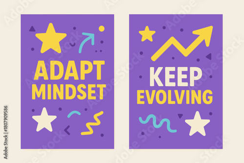 Adapt and Evolve Banners. Adapt mindset. Two vertical A6 banners with safe margins, centered composition, no elements touching edges, memphis, purple and