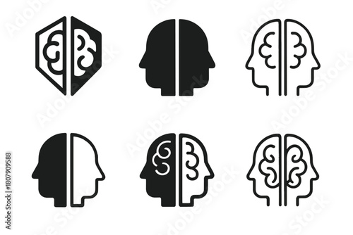 Mind Duality Logos. Duality of mind. Icon set. Set Logo of Duality of mind: Light and dark brain halves. harmonious logo variations of the same emblematic