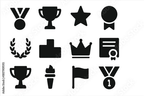Gold Medal Icons. Gold Medal. Solid icon set of Gold Medal: medal, trophy, star, ribbon, laurel wreath, podium, crown, certificate, trophy cup, torch, flag,