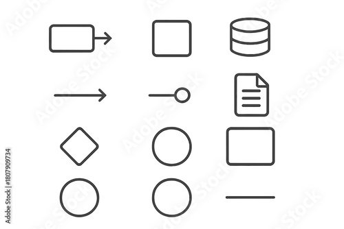 Data Flow Icons. Data flow diagram. Line icon set of data flow diagram: input symbol, output symbol, process box, database, data arrow, connector, document,