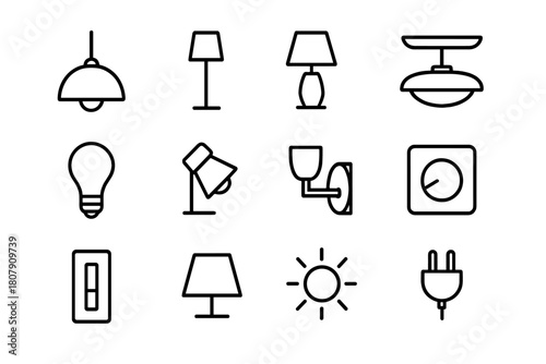 Interior Lighting Icons. Interior lighting. Line icon set of interior lighting: pendant lamp, floor lamp, table lamp, ceiling light, light bulb, spotlight,