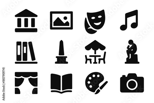 Cultural District Icons. Cultural district. Solid icon set of Cultural district: museum, art gallery, theater mask, music note, library, monument, street cafe,