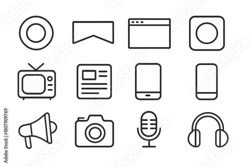 Corporate Branding Icons. Corporate branding. Line icon set of Corporate branding: logo, banner, website, social media icon, TV, newspaper,