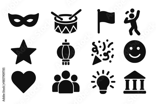 Cultural Celebration Icons. Cultural celebration. Solid icon set of cultural celebration: drum, flag, people group, cup, star, mask, confetti, candle, plate,