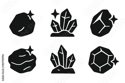 Metallic Ore Icons. Earth's minerals. Icon set. Set Logo of Metallic Ore: Shiny ore rock. Flat solid, Iconic shape, Minimal outline, Filled silhouette,