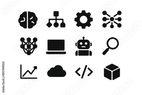 Machine Learning Icons. Machine learning. Solid icon set of machine learning: brain, algorithm, gear, data flow, neural network, laptop, robot, magnifying