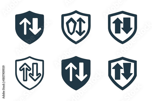 Customs Brokers Icon Set. customs brokers. Icon set. Set Logo of customs brokers: shield with import-export arrows. harmonious logo variations of the same