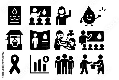 Community Water Icons. Community water education. Solid icon set of Community water education: water awareness poster, classroom board, teacher icon, water