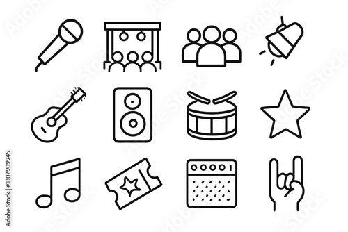 Concert Icons Set. Live concerts. Line icon set of live concerts: microphone, stage, crowd, spotlight, guitar, speaker, drum, star, music note, ticket,