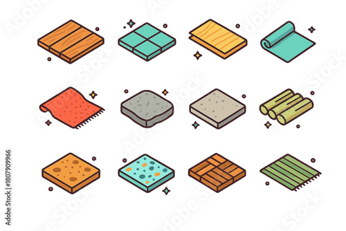 Colorful Floor Icons. Floor types. Colorful isometric vector icons set of Floor types: hardwood plank, tile square, laminate board, vinyl sheet, carpet swatch,