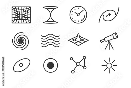 Cosmology Line Icons. Cosmology and space-time. Line icon set of cosmology and space-time: spacetime grid, wormhole, time dilation clock, curved light path,