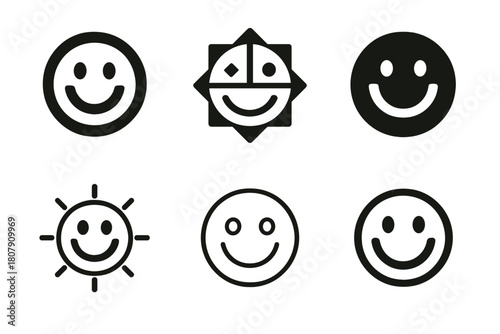 Joyful Icon Variations. Smiling. Icon set. Set Logo of smiling: radiating joy symbol. harmonious logo variations of the same emblematic concept, each with