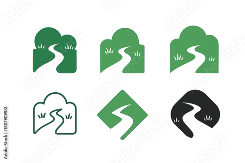 Nature Path Logos. Nature path. Icon set. Set Logo of Nature path: Path through trees. harmonious logo variations of the same emblematic concept, each with