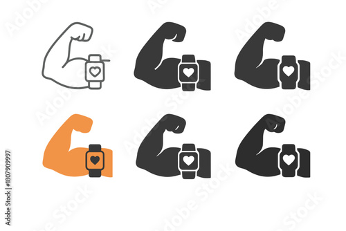 Muscle Building Icons. Muscle building. Icon set. Set Logo of Muscle building: Fitness tracker. harmonious logo variations of the same emblematic concept, each