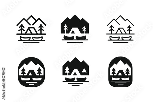 Camping Adventure Logos. Group camping adventures. Icon set. Set Logo of group camping adventures: canoes by a lakeside camp with mountains. harmonious logo