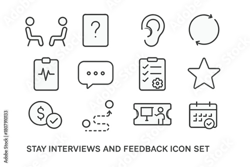 Stay Interview Icons. Stay interviews and feedback. Line icon set of stay interviews and feedback: one-on-one chairs, question card, listening ear, feedback